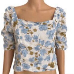 Joie NWT 100% linen blue floral cropped shirt puff sleeve top m